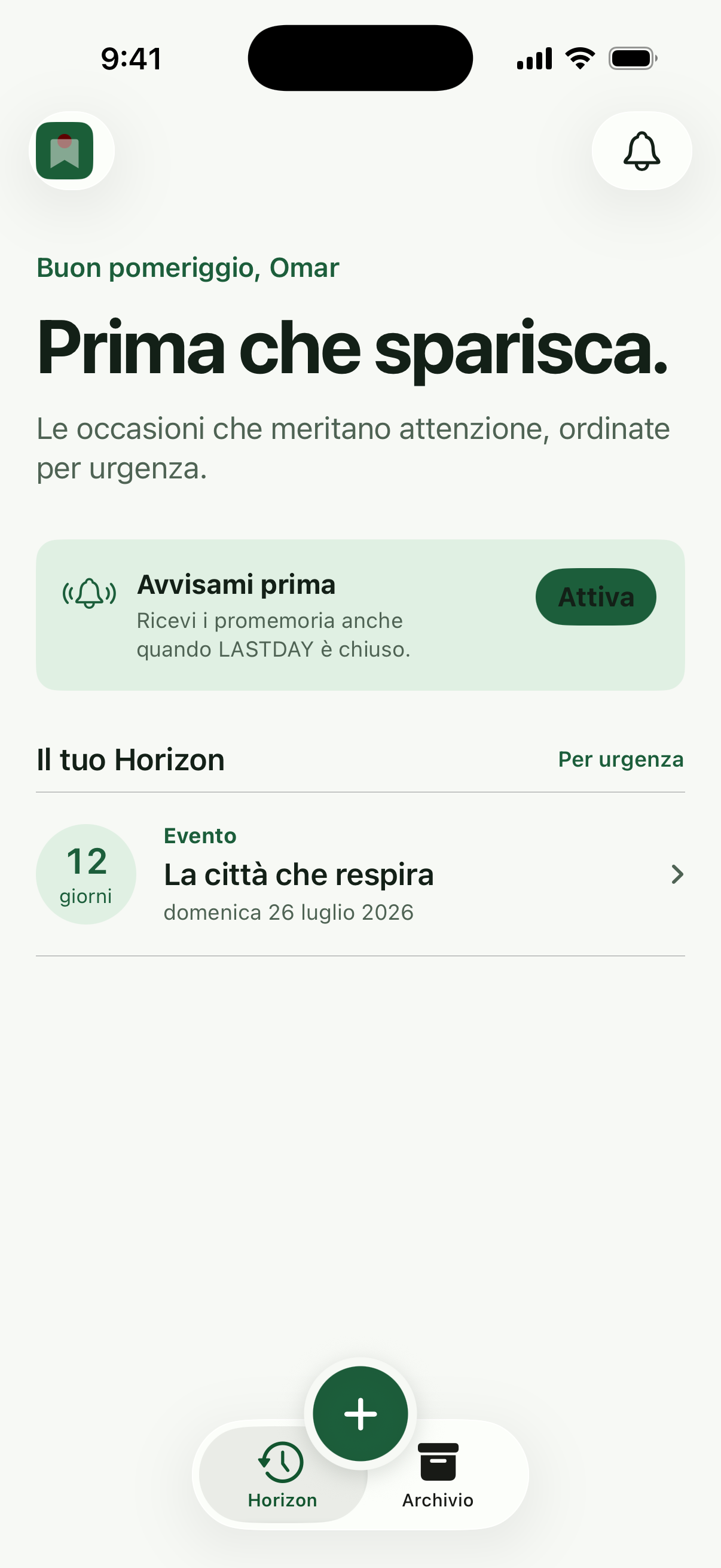 Schermata Horizon di LASTDAY con opportunità ordinate per urgenza